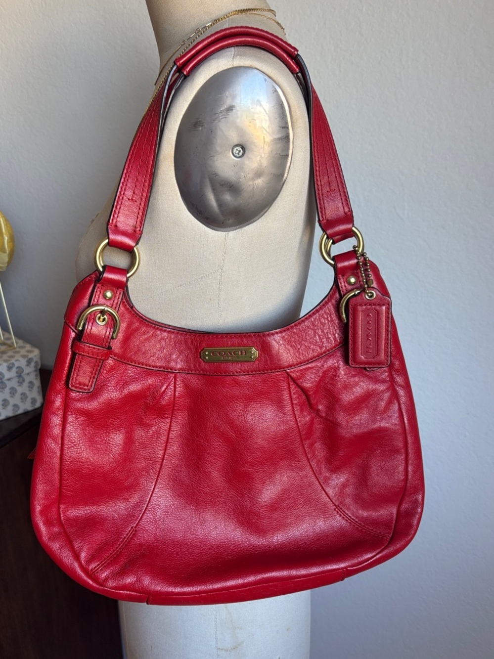 Coach Red Leather Shoulder Hobo with Gold Hardware